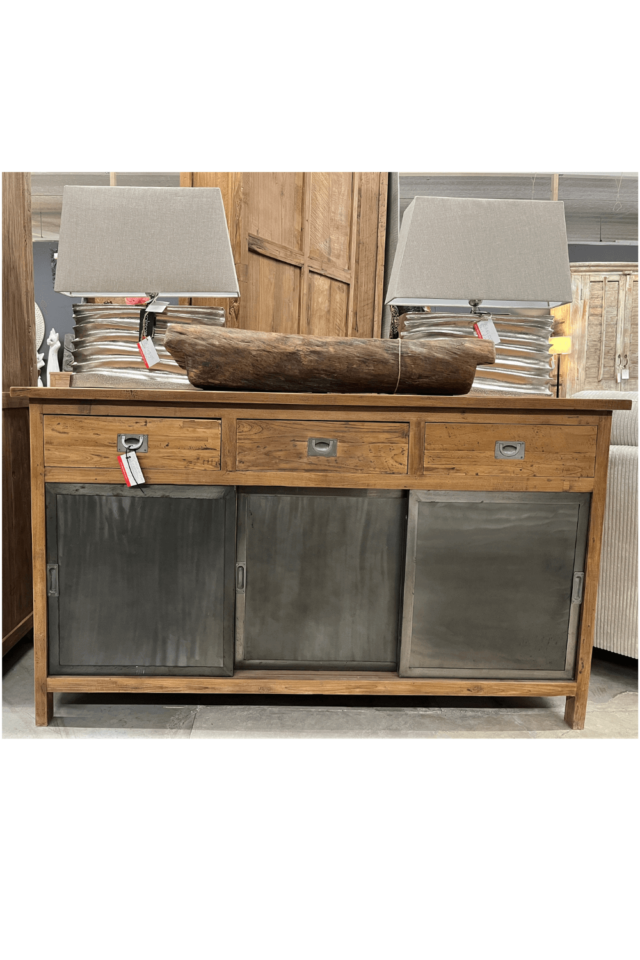 teakhouten dressoir industrieel met metalen schuifdeuren 160x50x93 cm