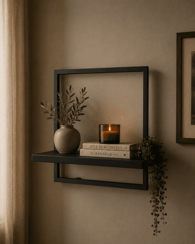 Teak houten zwarte wandplank met metalen frame