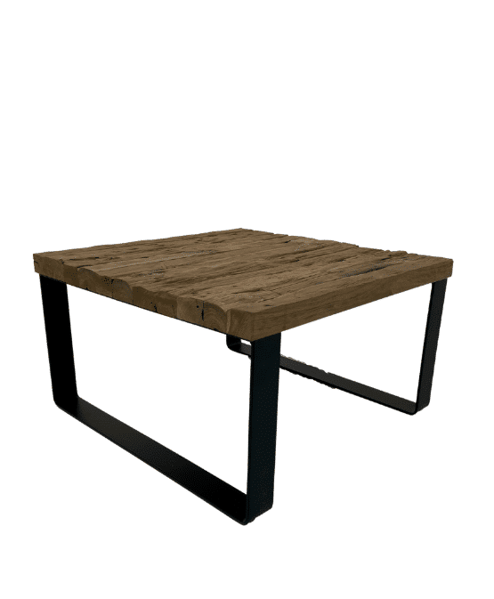 industriële salontafel ruw of glad stoer robuust teak met metaal
