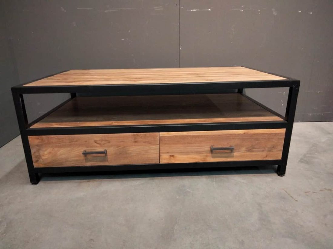 industrieel salontafel met lades teak met metaal