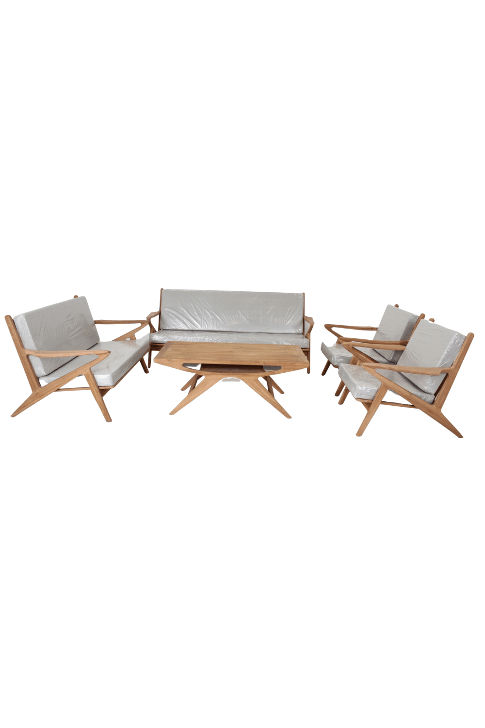 Teak houten tuinset inclusief kussens. 1 3 zit lounge bank, 2 zit lounge bank, 2 fauteuils en salontafel