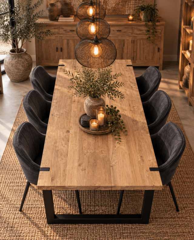 Teak houten eettafel met poten door het blad
