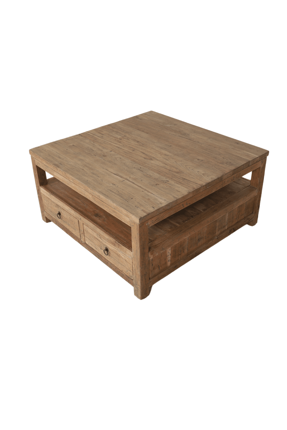 vierkante salontafel met lades oud teak hout 90x90x45