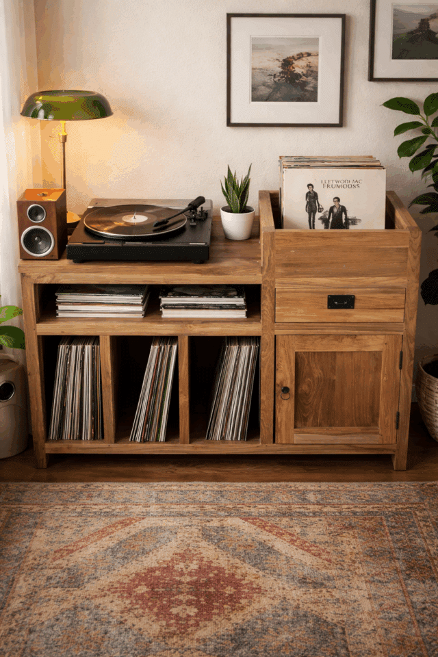 teak houten platenspeler kastje