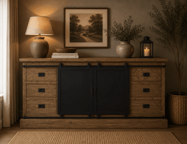 Teak met metalen schuifdeuren dressoir rural