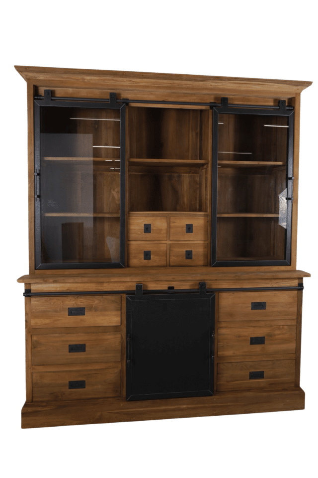 teak houten vitrinekast industrieel met metalen schuifdeuren 190x55x220 cm