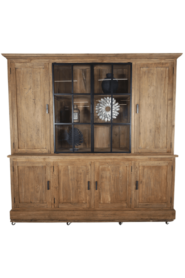 Landelijke teak houten boerderij stijl vitrinekast met metalen deuren 230x50x220 cm