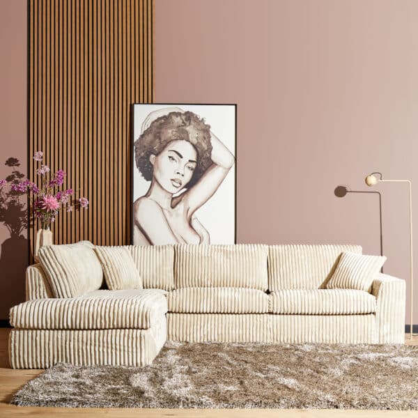 Hoekbank in dikke ribstof beige wit warm