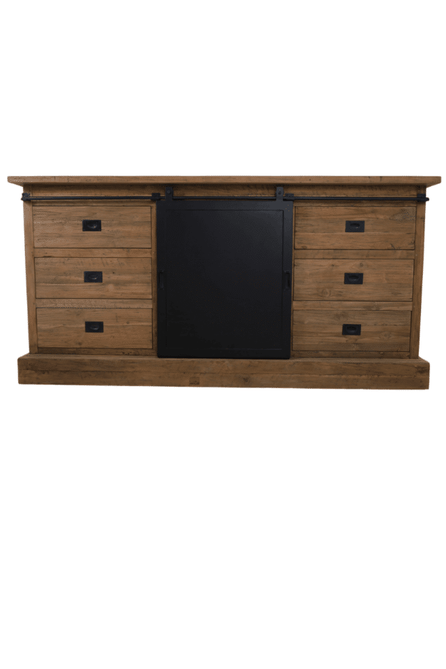 teak houten dressoir met metalen schuifdeur 180 cm industrieel