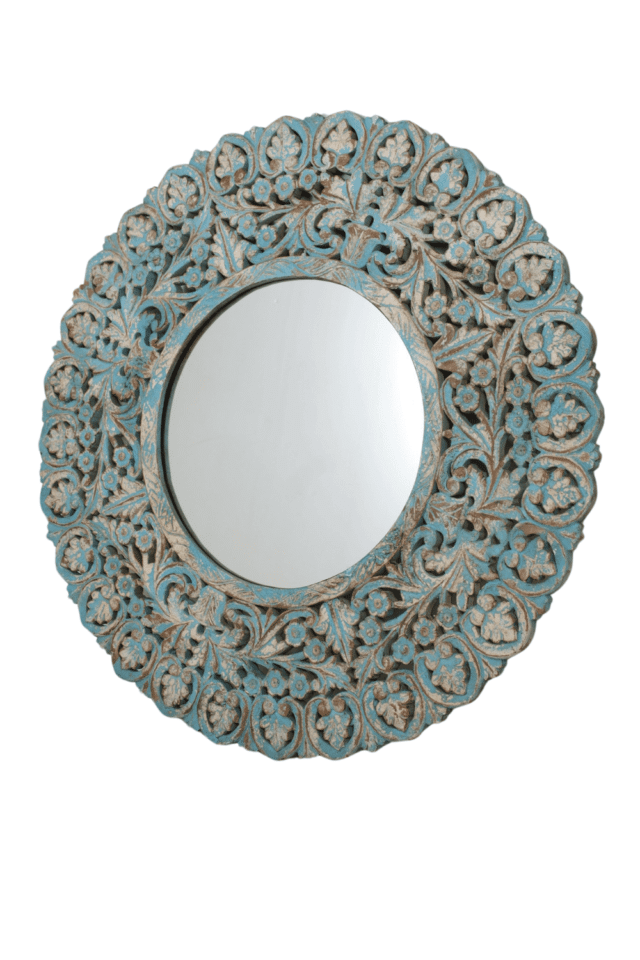 blauwe oude houtsnijwerk spiegel rond 120x2,5x120 cm