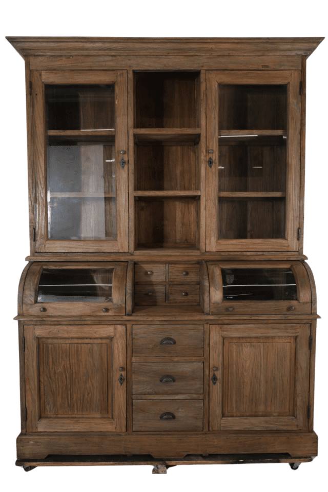 oude vitrinekast klassiek rustiek met bolkappen 160 cm teak hout