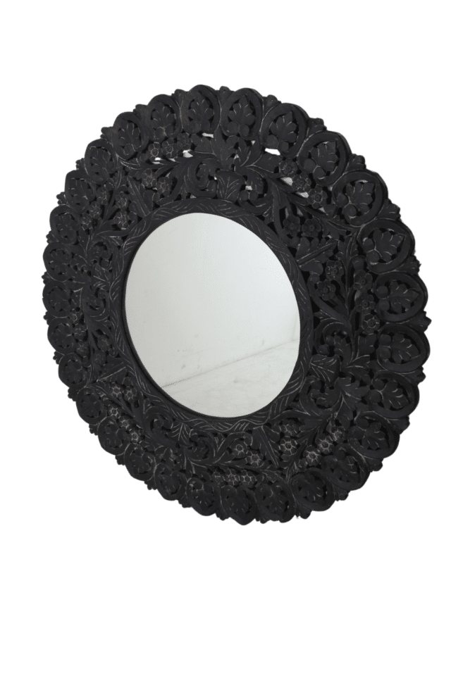Spiegel rond zwart met houtsnijwerk 120 cm