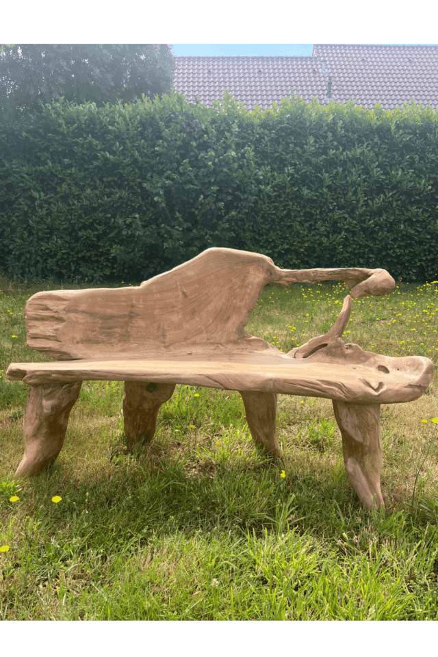 stoere teak houten wortel tuin bank