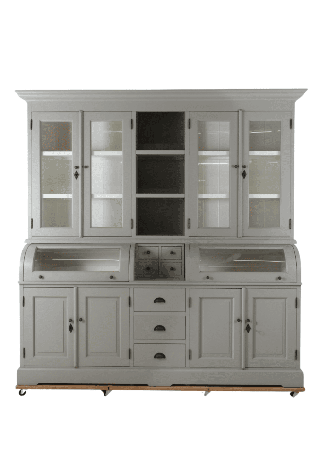 Grijze grutterskast buffetkast vitrine kast met bolkappen 210x52x210 cm
