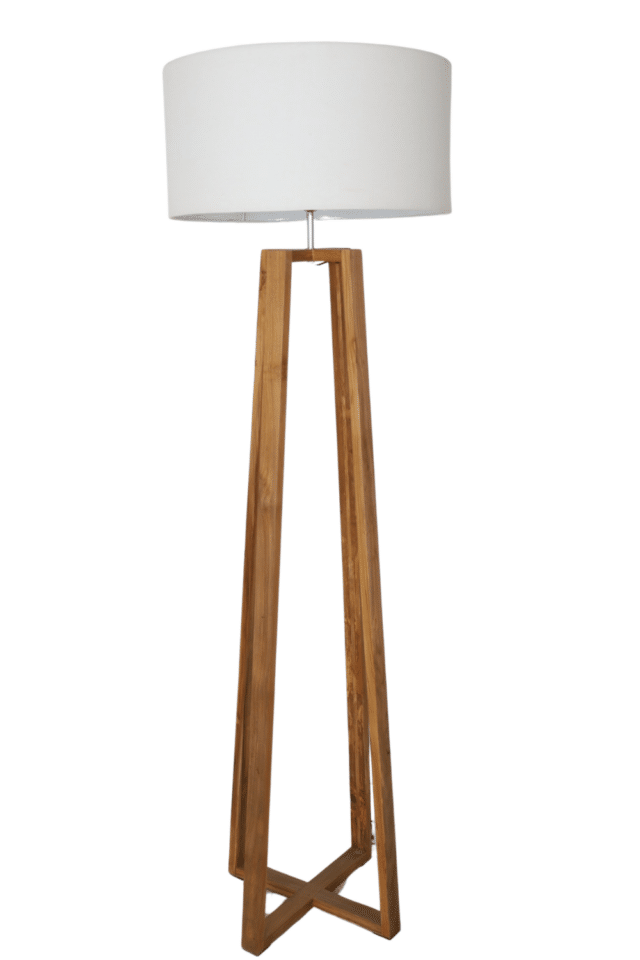 Houten strakke vloerlamp met witte kap