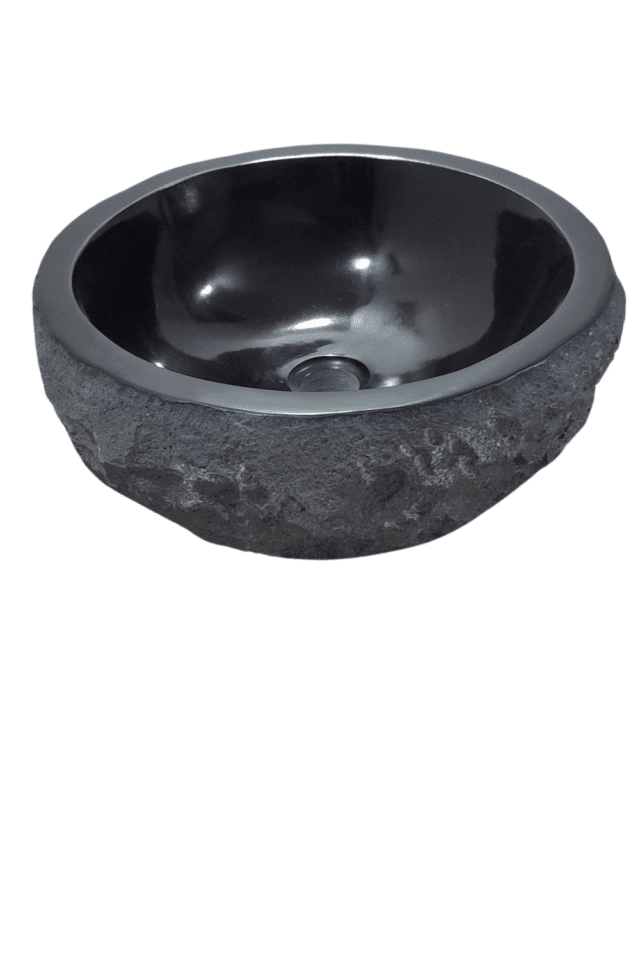 Zwarte ronde Natuurstenen andesiet wasbak 40x40x15 cm met ruwe buitenkant
