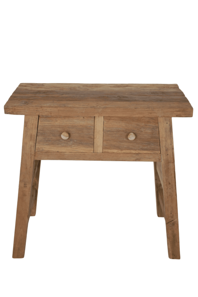 Oud teak houten wandtafeltje side table met 2 lades 80 cm