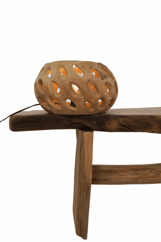 Teak houten tafel lamp rond met gaten 30x30x18 cm
