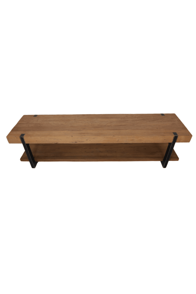 Stoere robuust tv meubel met dik massief teak houten blad en metalen poten 200x50x50 cm