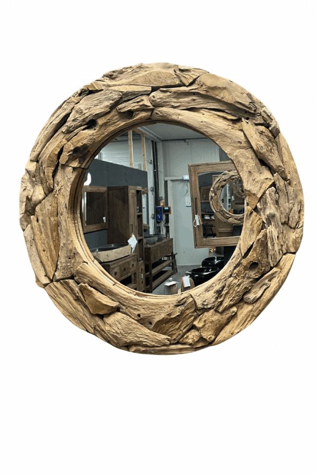 Ronde wortel teak spiegel 80 cm