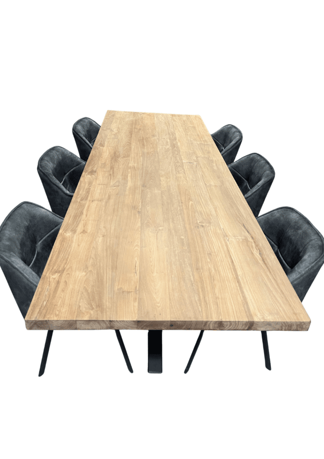 teak houten massieve eettafel met zwart matrix spin poot 280 cm