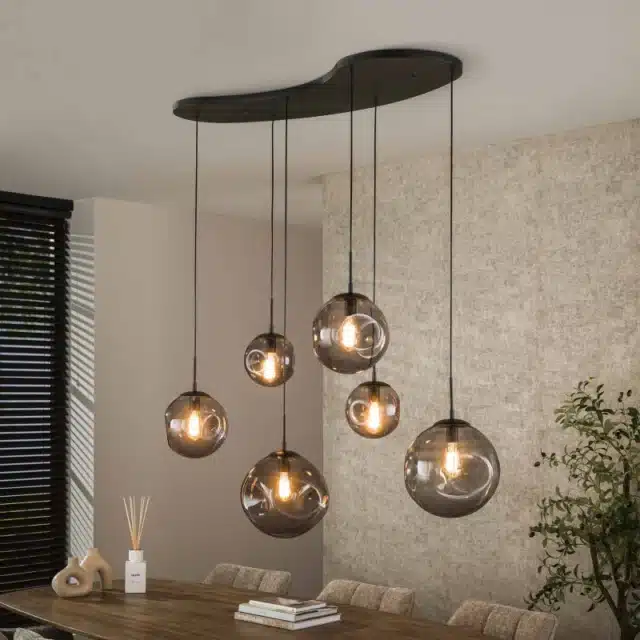 Organische Hanglamp met zwart glas 6 bollen Stellar Black 6 lichts Antic zwart 135x60x150 cm
