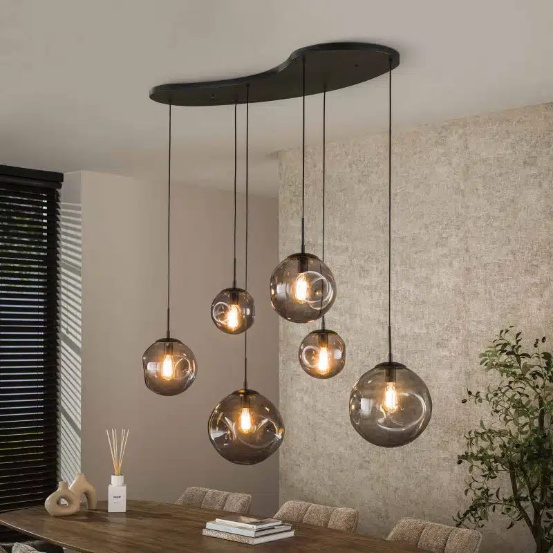 Organische Hanglamp met zwart glas 6 bollen Stellar Black 6 lichts Antic zwart 135x60x150 cm Organische Hanglamp met zwart glas 6 bollen Stellar Black 6 lichts Antic zwart 135x60x150 cm