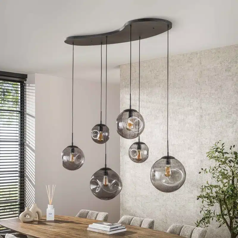 Organische Hanglamp met zwart glas 6 bollen Stellar Black 6 lichts Antic zwart 135x60x150 cm Organische Hanglamp met zwart glas 6 bollen Stellar Black 6 lichts Antic zwart 135x60x150 cm