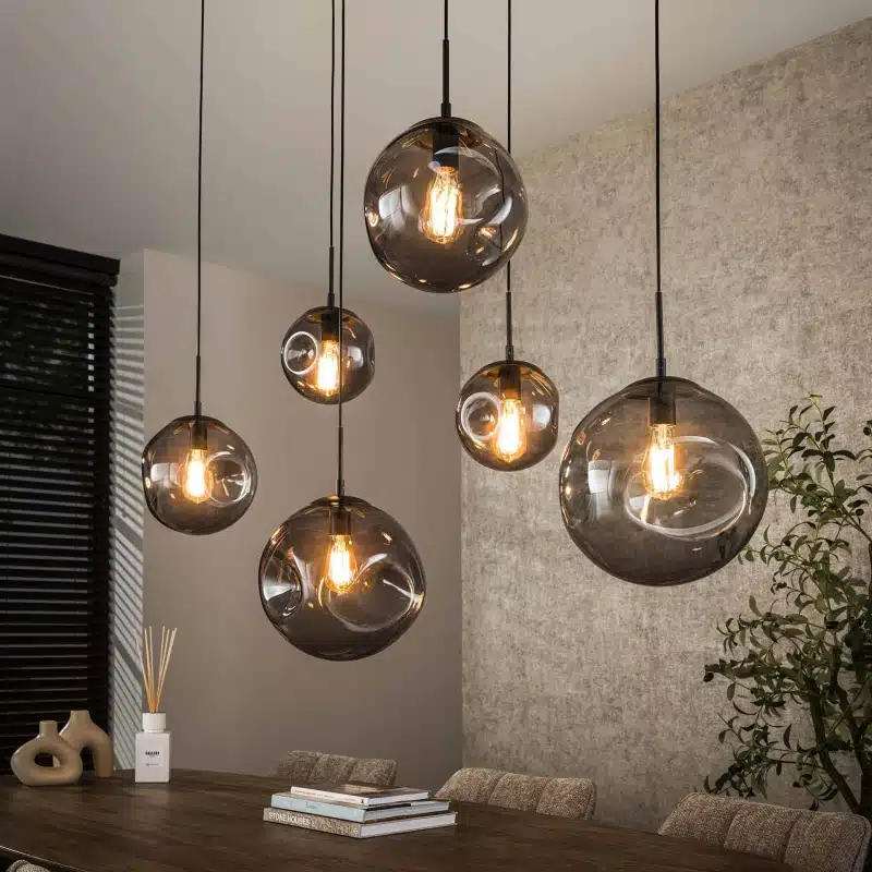 Organische Hanglamp met zwart glas 6 bollen Stellar Black 6 lichts Antic zwart 135x60x150 cm Organische Hanglamp met zwart glas 6 bollen Stellar Black 6 lichts Antic zwart 135x60x150 cm