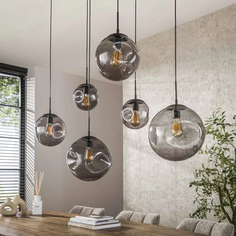 Organische Hanglamp met zwart glas 6 bollen Stellar Black 6 lichts Antic zwart 135x60x150 cm Organische Hanglamp met zwart glas 6 bollen Stellar Black 6 lichts Antic zwart 135x60x150 cm