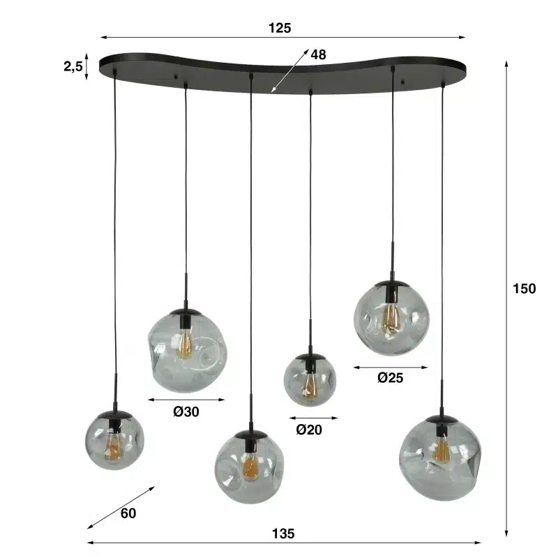 Organische Hanglamp met zwart glas 6 bollen Stellar Black 6 lichts Antic zwart 135x60x150 cm Organische Hanglamp met zwart glas 6 bollen Stellar Black 6 lichts Antic zwart 135x60x150 cm