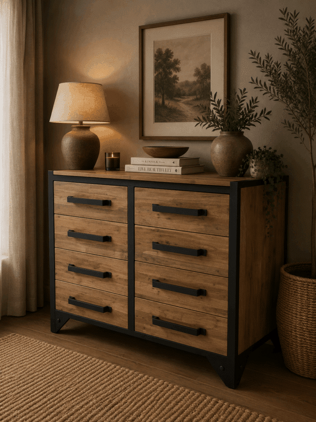 Lijkt 8 lade dressoir teak hout met metalen details