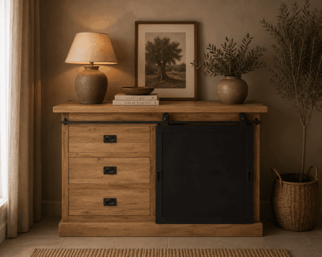 Teak houten dressoir met metalen schuifdeur 120 cm