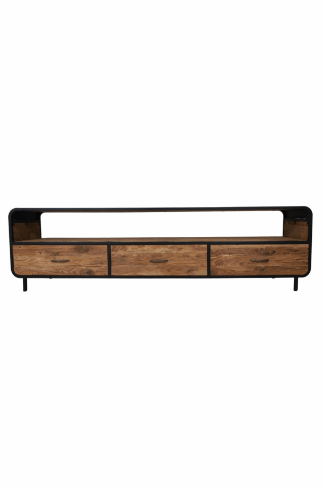 Retro industrieel Tv meubel grof teak hout met zwart metaal en ronde hoeken 200x45x55 cm
