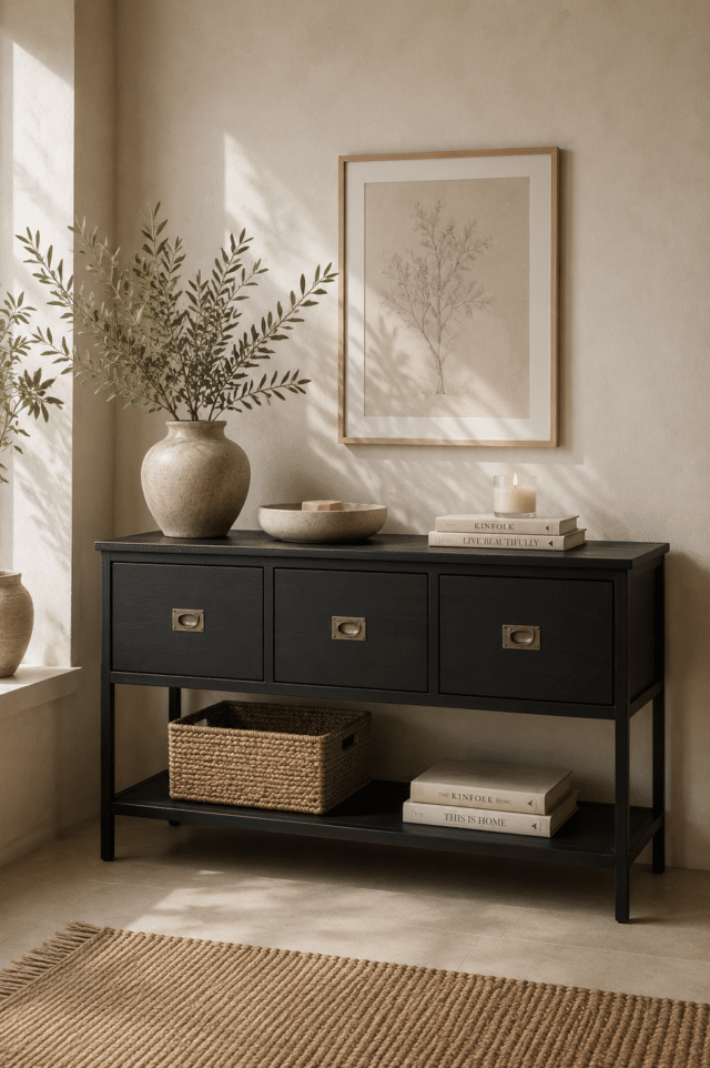 Zwarte console badkamermeubel teak hout