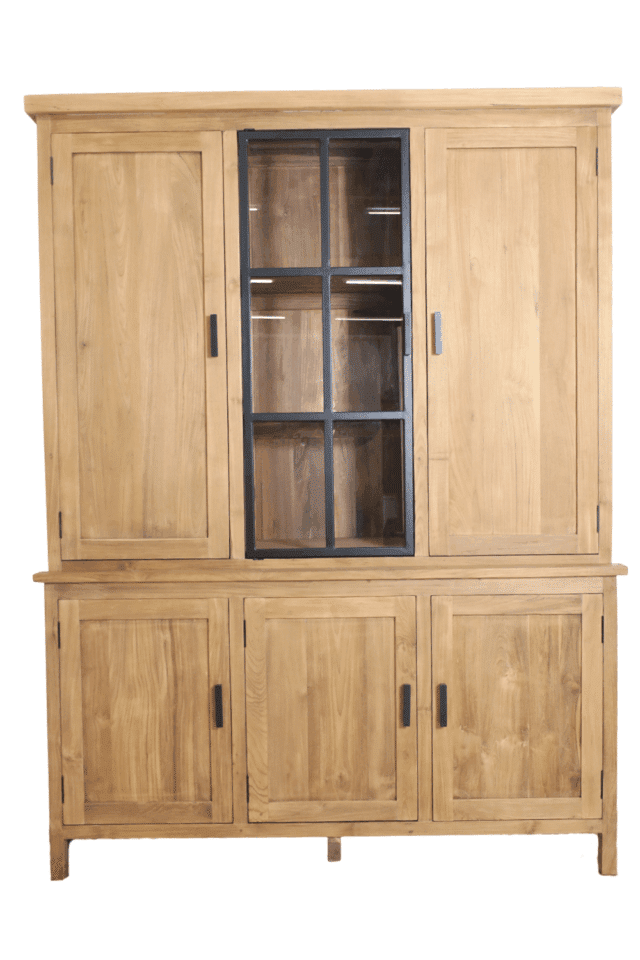 vitrinekast teak hout smooth met 1 metalen stal deur 165x50x220 cm