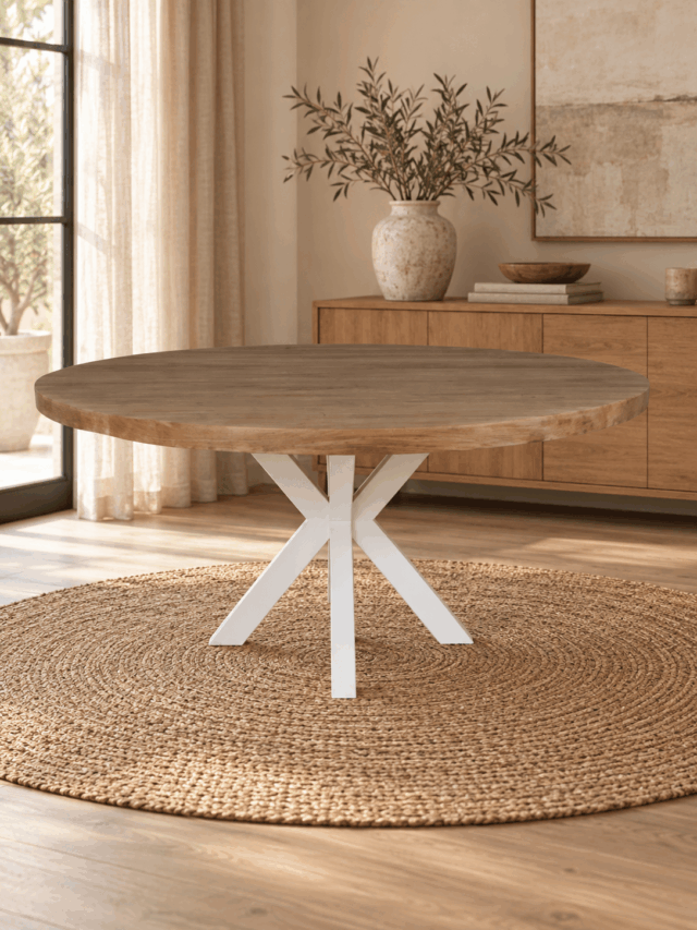 Ronde-teak-houten-eettafel-massief-160-cm-met-witte-kruispoot