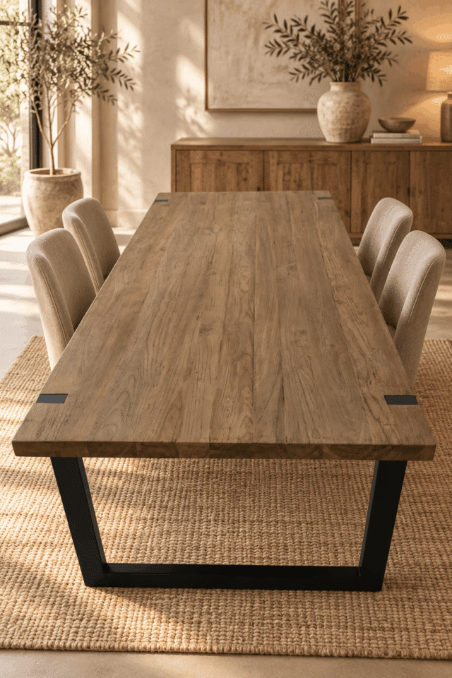 Teak-houten-massieve-eettafel-met-metalen-u-poten-poten-door-het-blad-220x100x79