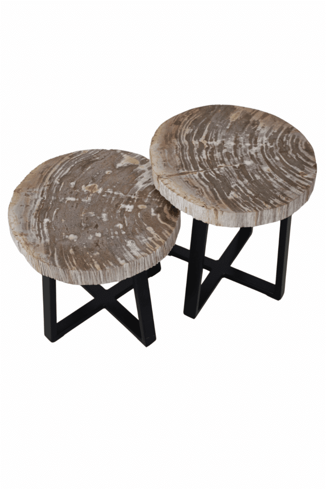 Versteend houten salontafel set van 2 tafeltjes grijs beige blad met zwart metalen poot set 1 44x46x47 cm en 46x44x40 cm