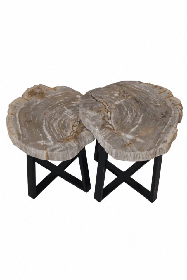 Versteend houten salontafel set van 2 tafeltjes grijs beige blad met zwart metalen poot set 3 48x45x47 cm en 49x43x41 cm