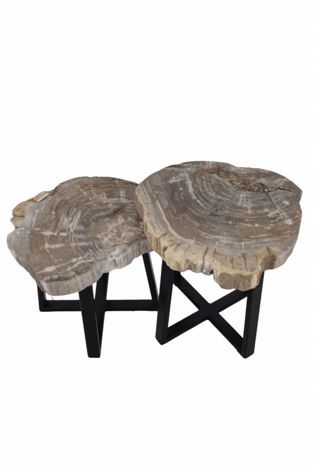 Versteend houten salontafel set van 2 tafeltjes grijs beige blad met zwart metalen poot set 4 49x45x47 cm en 45x38x40 cm