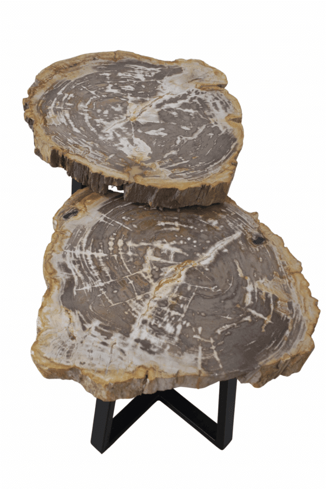 Versteend houten salontafel set van 2 tafeltjes grijs beige blad met zwart metalen poot set 5 63x56x47,5 cm en 51x61x41 cm