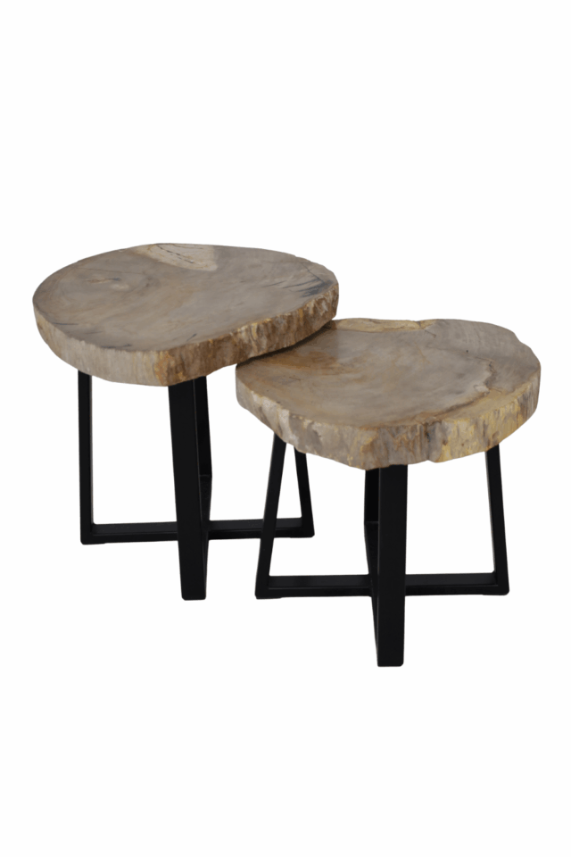 Versteend houten salontafel set van 2 tafeltjes grijs beige blad met zwart metalen poot set 6 52x50x47,5 cm en 46x44x41 cm