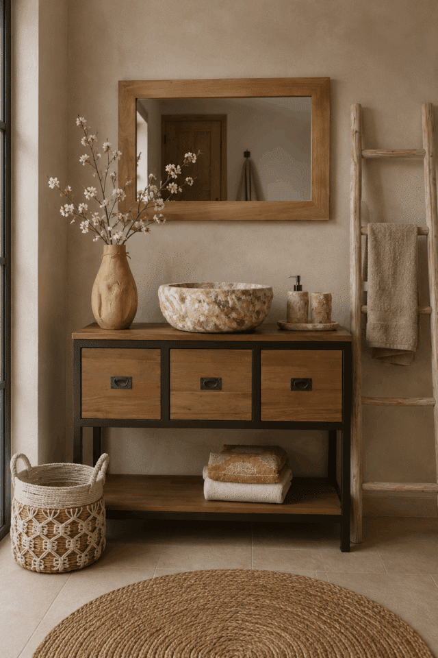Teak houten badkamermeubel met anodic brown metalen details, en spiegel st3t 120 cm