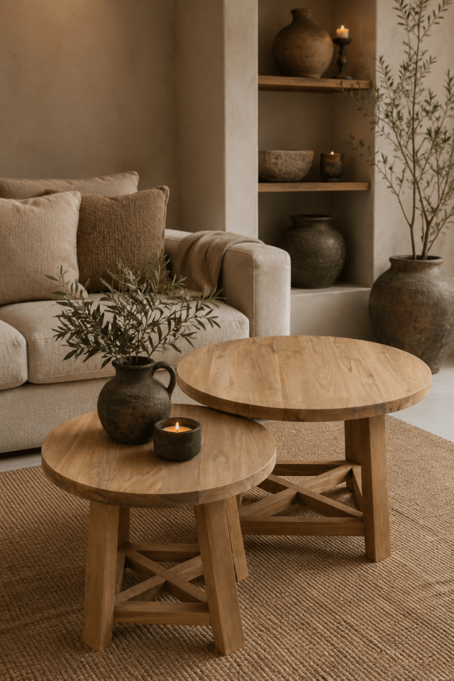 set van 2 ronde houten salontafels 50 cm en 70 cm teak hout smooth7