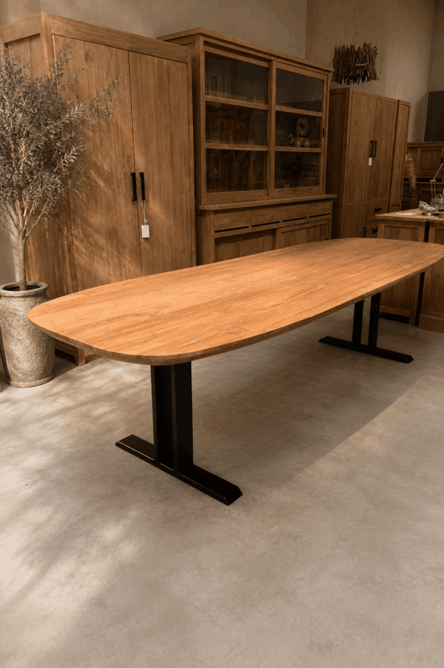 teak houten deens ovale tafel met I poten 300x110x77 cm