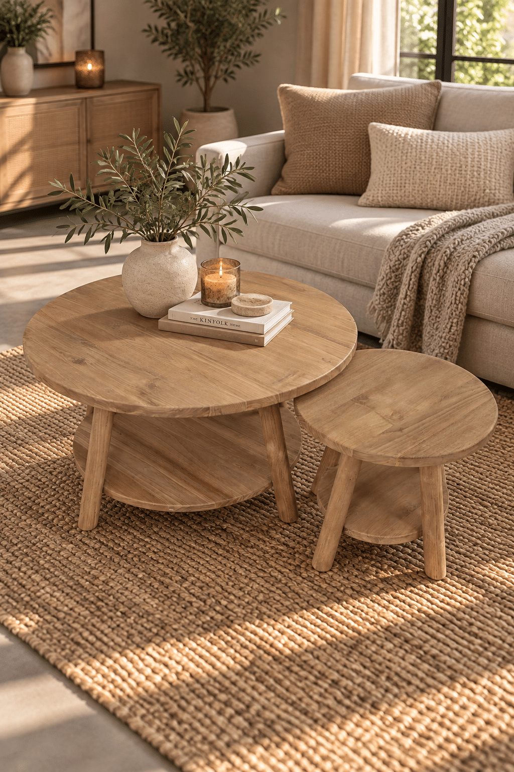 Teak houten salontafel set van 2 ronde salontafels 85cm en 50 cm Teak houten salontafel Teak houten salontafel set van 2 ronde salontafels 85cm en 50 cm Teak houten salontafel