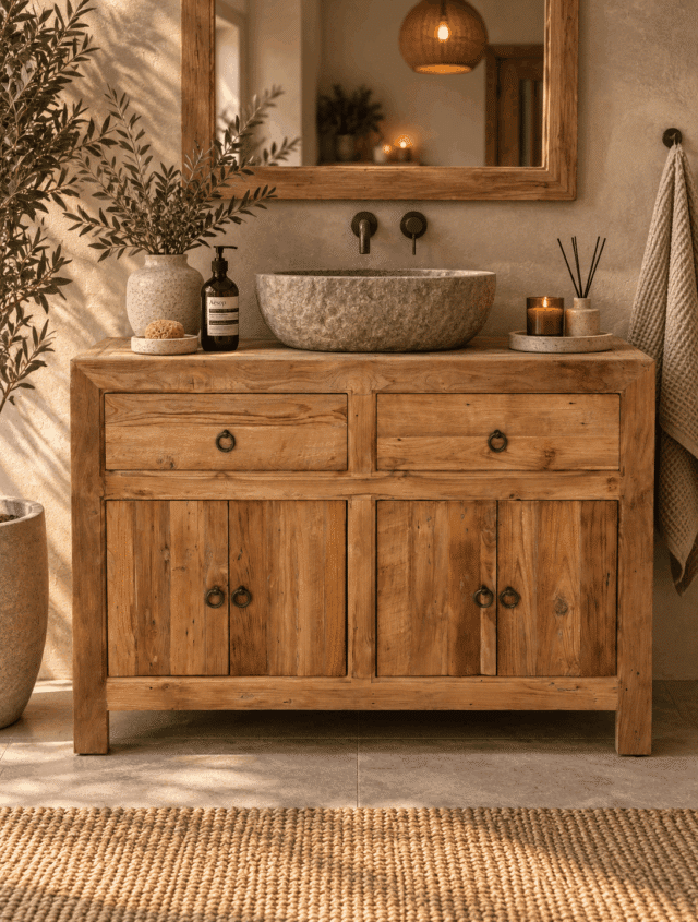 robuust landelijk teak houten badkamermeubel 120x45x85 cm ruw teak hout