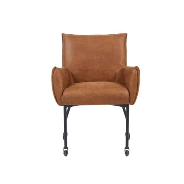 Luxe Eetkamerstoel Pim leder look cognac stoel met armleuning en met wieltjes Luxe Eetkamerstoel Pim leder look cognac stoel met armleuning en met wieltjes