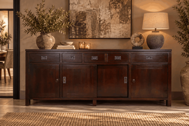 Warme houten sideboard in aardse interieurstijl